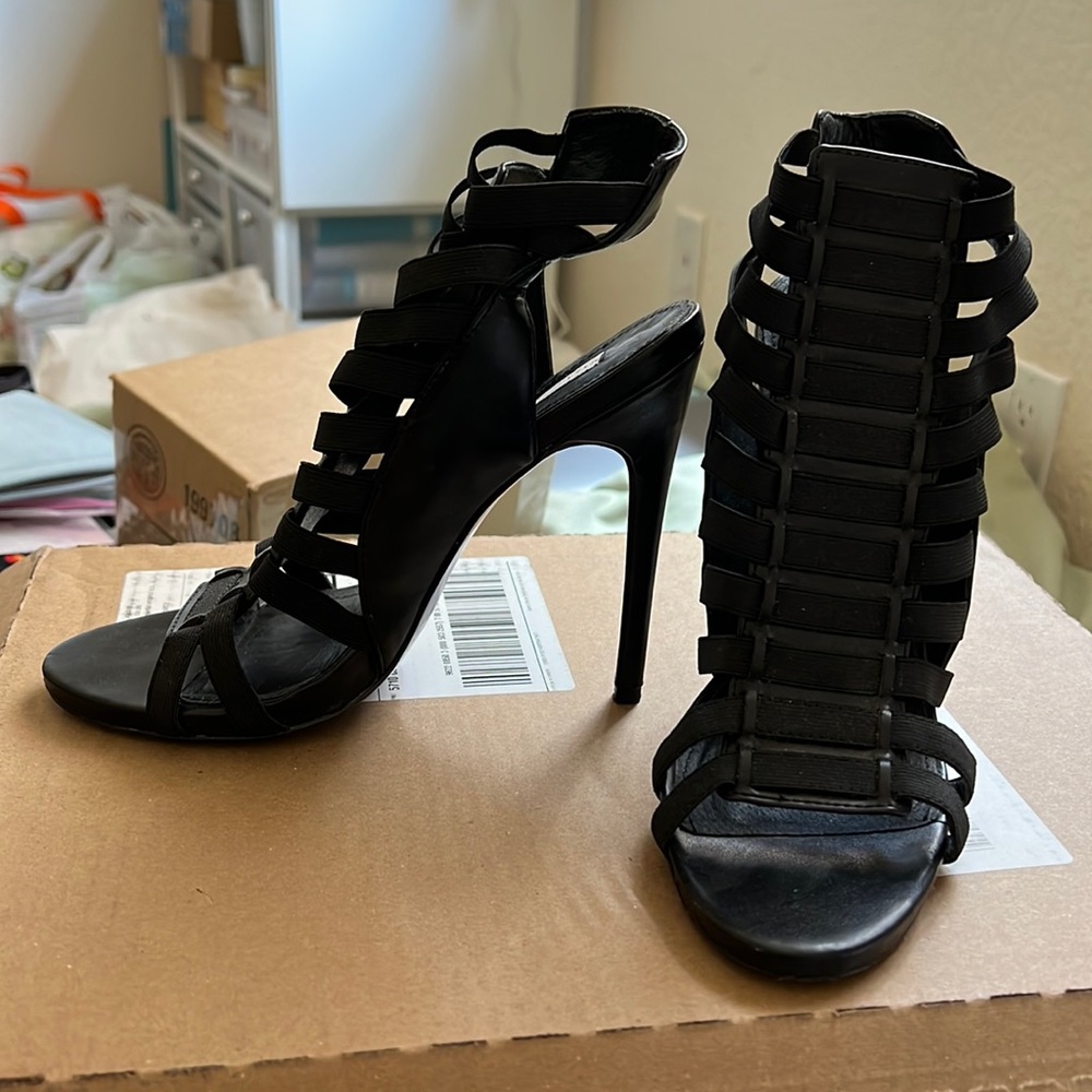 SOLD Steve Madden Black Sexy Elastic Strappy Heels